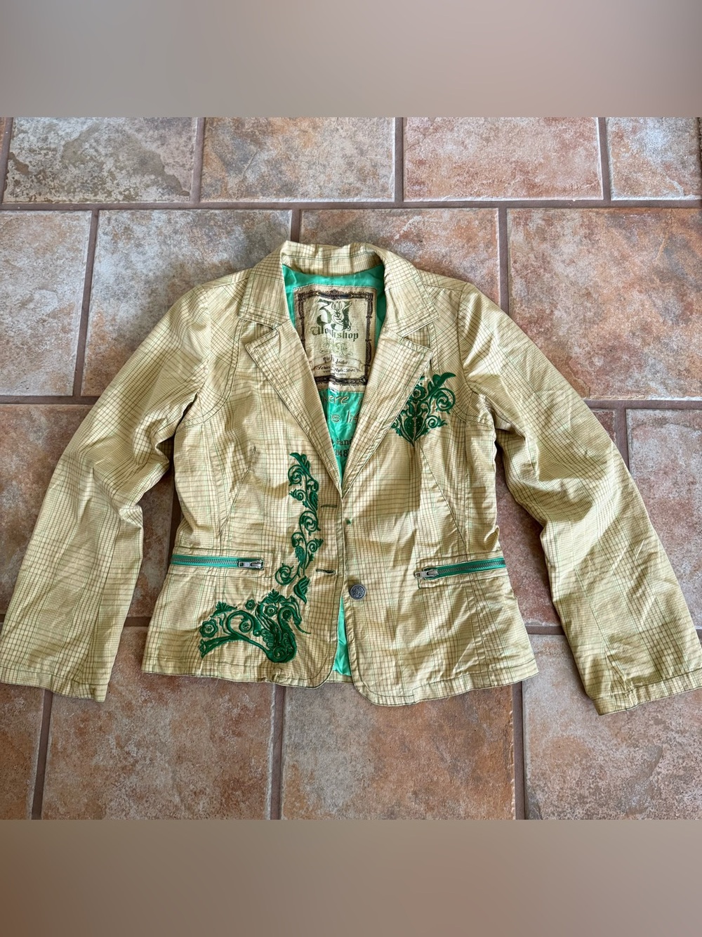 Johnny Was Beige Blazer with Green Embroidered Accents
